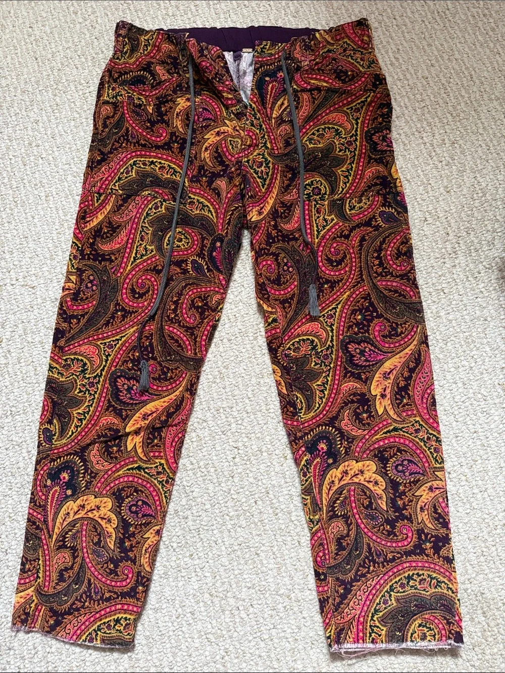 Free People Paisley Pull-On Straight Leg Pants — Pink, Gold, Black